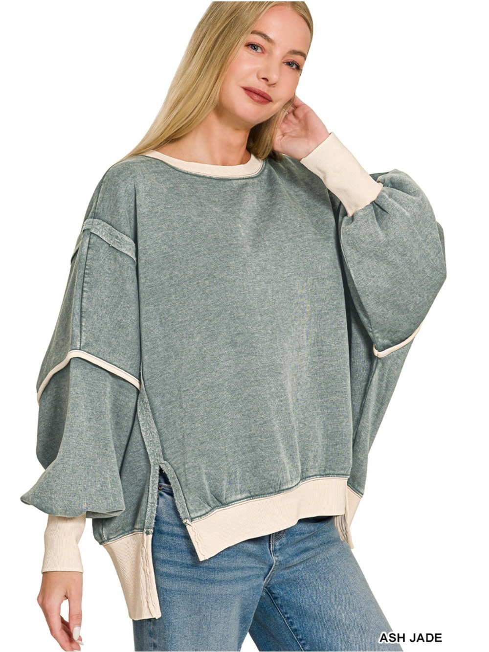 184 ❤️ Zenana ash jade FLEECE ACID WASHED CONTRAST TRIM SWEATSHIRT